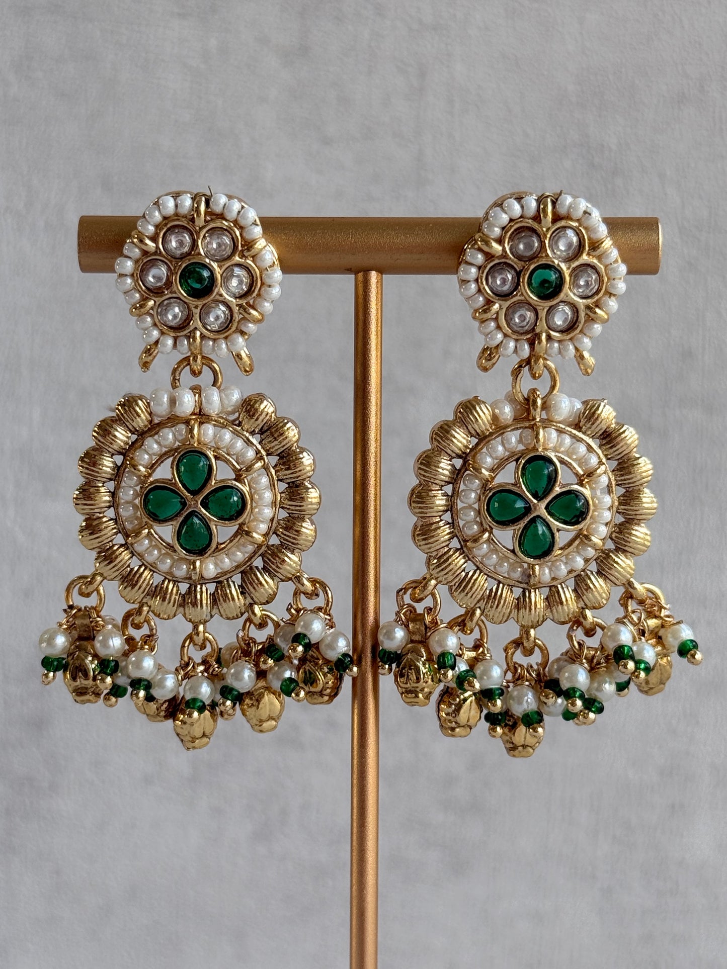 Ayura Designs Manika Necklace Set with Earrings & Tikka – Gold Finish with Emerald Green Stones, Pearls & Ghungroos