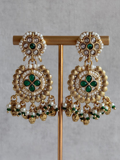 Ayura Designs Manika Necklace Set with Earrings & Tikka – Gold Finish with Emerald Green Stones, Pearls & Ghungroos