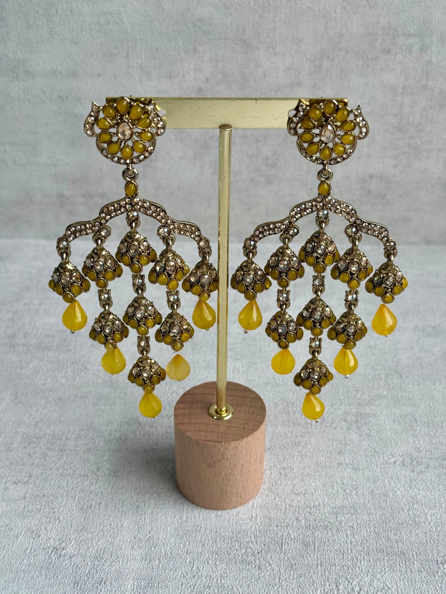 Ayura Designs Jasmine Earrings – Chandelier Statement Earrings with Yellow Beads & Antique Gold Finish