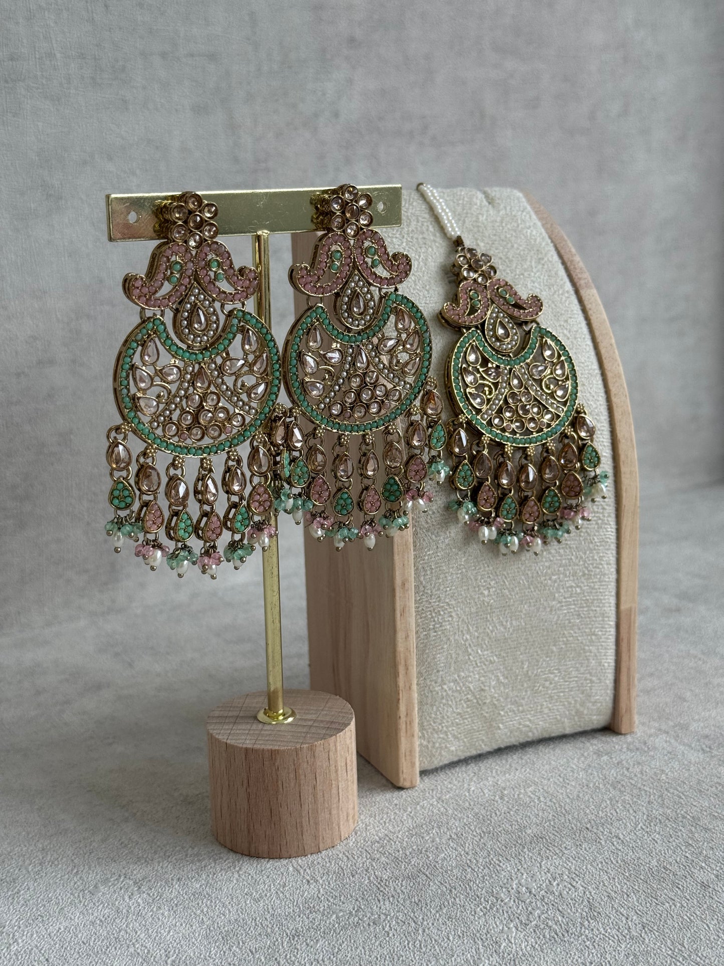 Ayura Designs Anvi Tikka Set with Earrings – Blush Pink & Mint Green with Champagne Stones & Pearl Drops