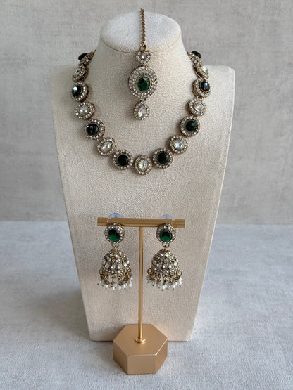 Ayura Designs Eira Necklace Set with Earrings & Tikka – Emerald Green & Crystal Stones with Antique Gold Finish