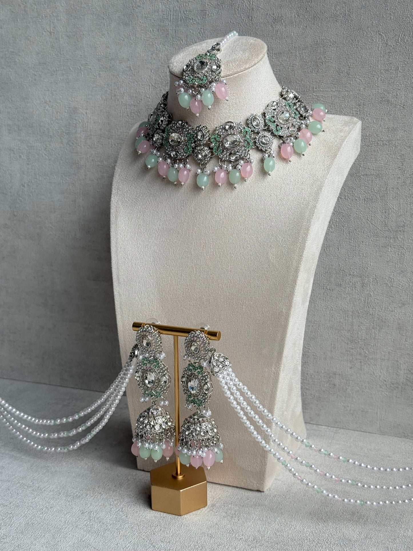 Ayura Designs Uzairah Set with Tikka & Sahare Jhumkis – Pastel Mint & Blush Beads with Pearl Strands & Mirror-Cut Detailing