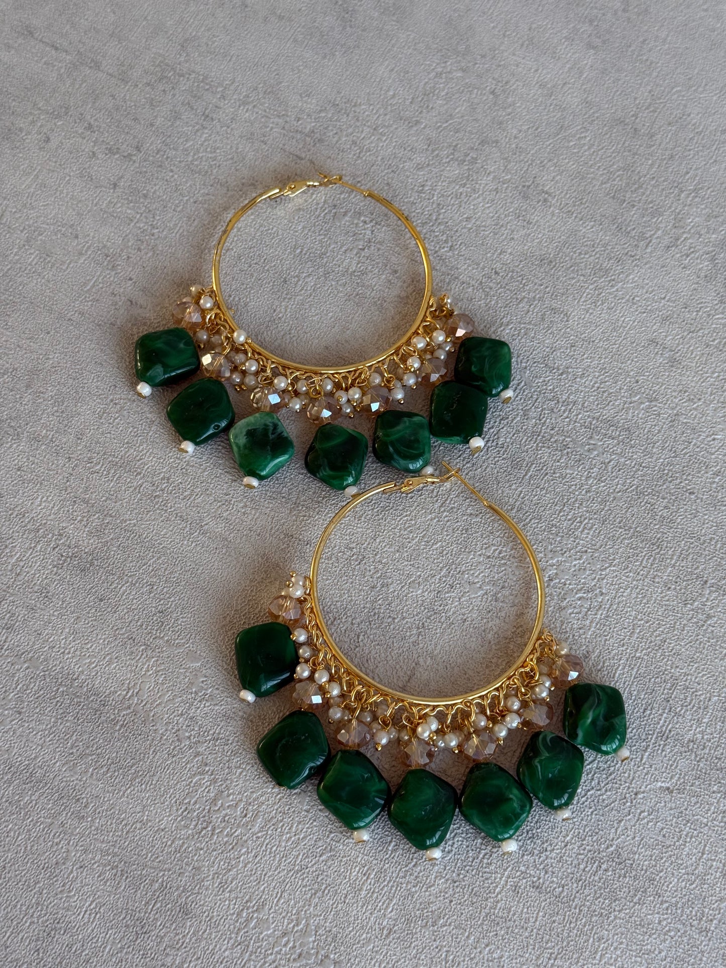Ayura Designs Heer Balis – Gold Hoops with Forest Green Marble Beads, Pearls & Crystal Detailing