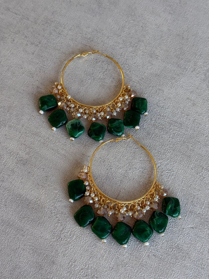 Ayura Designs Heer Balis – Gold Hoops with Forest Green Marble Beads, Pearls & Crystal Detailing