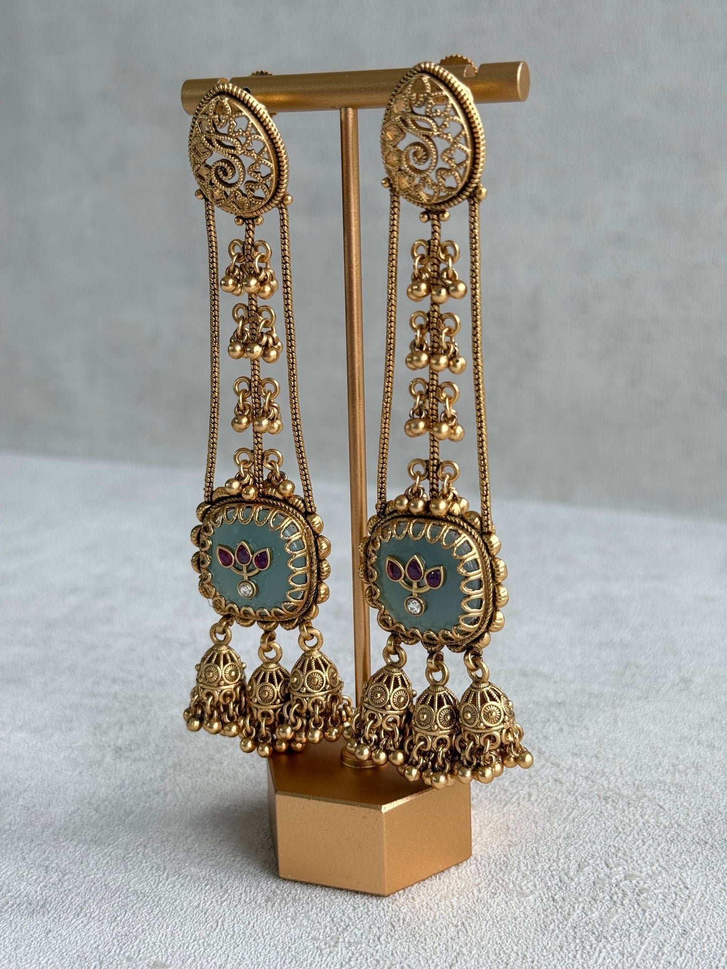 Ayura Designs Ihana Earrings – Mint Green Enamel with Pink Kundan, Ghungroo & Jhumki Detailing