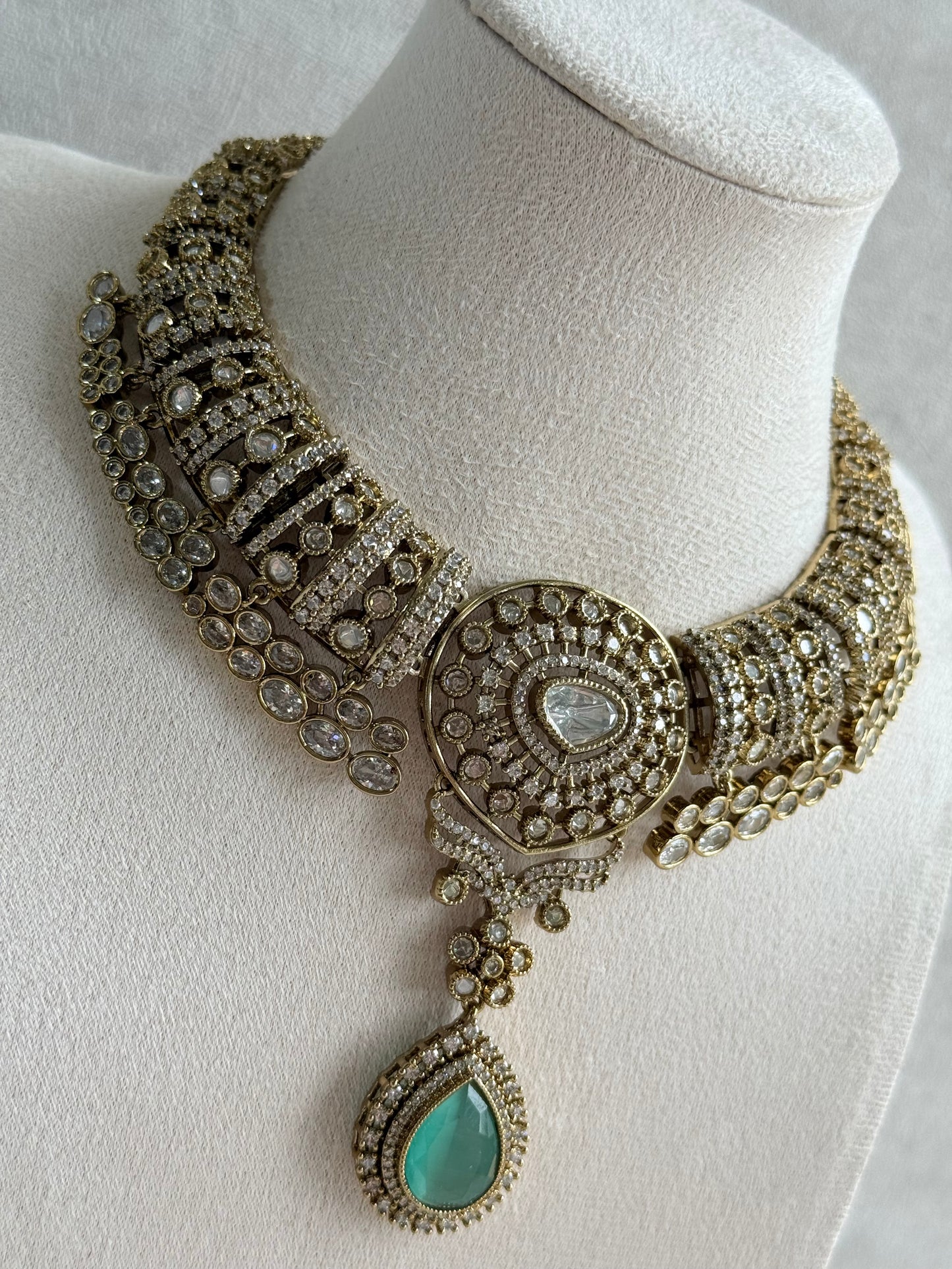 Ayura Designs Ahana Necklace Set with Earrings – Mint Green Teardrop Stones & Moissanite Detailing