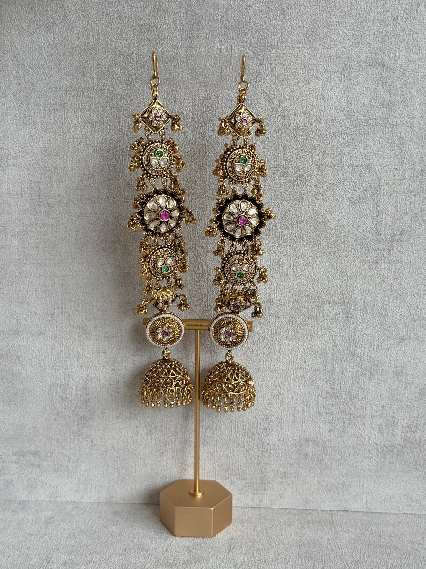 Ayura Designs Sabina Jhumkis with Detachable Sahare – Multicolour Kundan & Antique Gold Finish