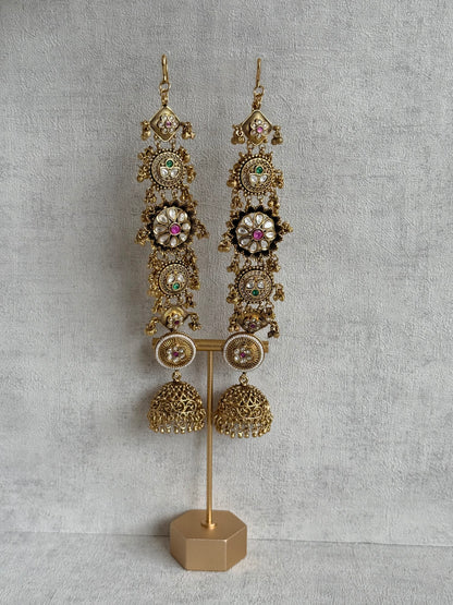 Ayura Designs Sabina Jhumkis with Detachable Sahare – Multicolour Kundan & Antique Gold Finish