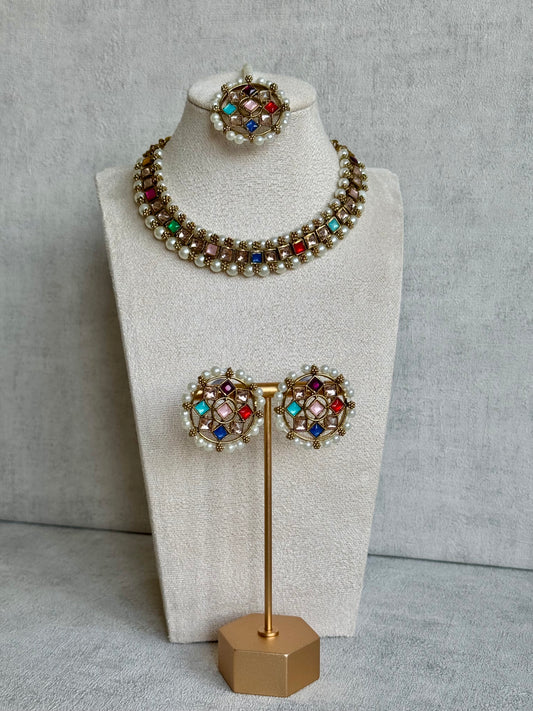 Ayura Designs Huda Set with Studs & Tikka – Multicolour Mirror-Cut Stones with Pearl Detailing