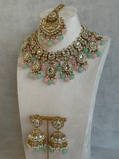 Ayura Designs Iyla Set with Necklace, Earrings & Tikka – Kundan Detailing, Ivory Pearl Drops & Mint & Blush Beads