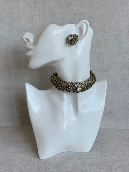 Ayura Designs Genevieve Choker Set with Studs – Mint Crystal Kundan in Antique Gold