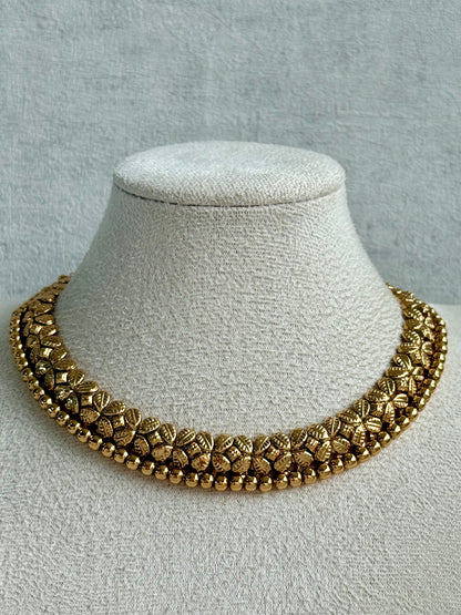 Ayura Designs Sathya Necklace Set with Stud Earrings – Antique Gold Temple Style with Textured Beadwork