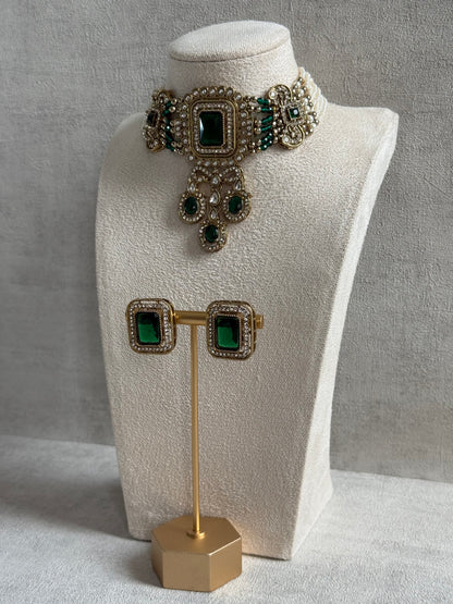 Ayura Designs Nabiha Choker Set with Studs – Emerald Green Stones, Pearl Detailing & Antique Gold Finish