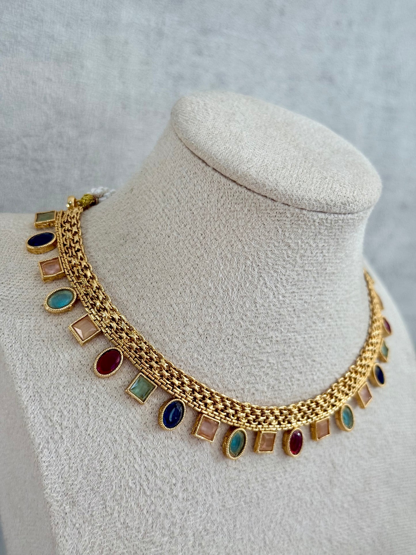 Ayura Designs Bhawani Set with Necklace & Stud Earrings – Multicolour Stone Charms in Antique Gold Finish