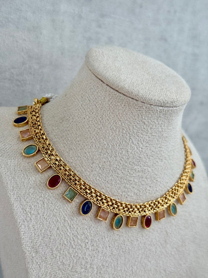 Ayura Designs Bhawani Set with Necklace & Stud Earrings – Multicolour Stone Charms in Antique Gold Finish