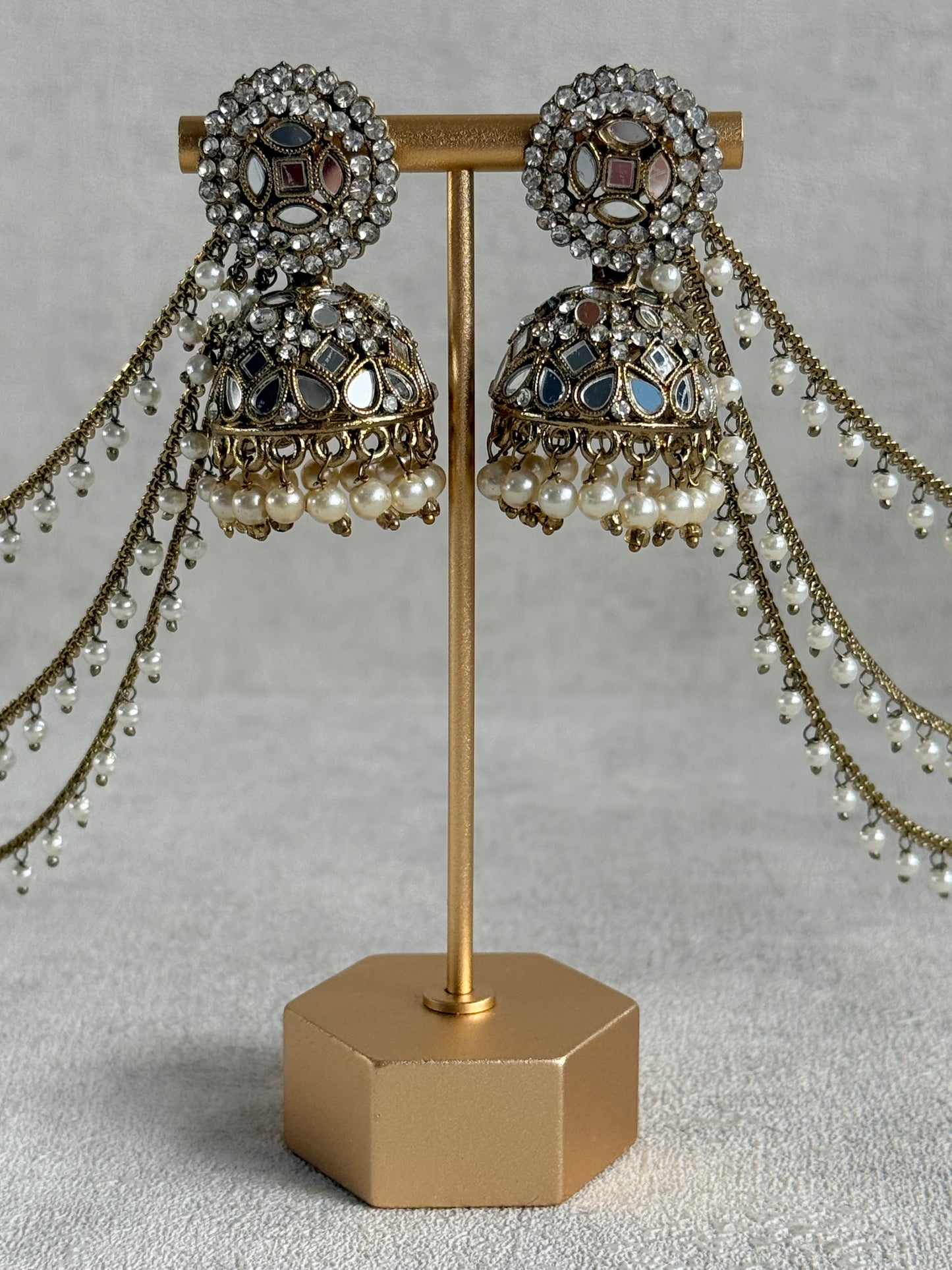 Ayura Designs Aaina Jhumkis – Antique Gold Mirror & Crystal Earrings with Detachable Triple-Layer Pearl Sahare