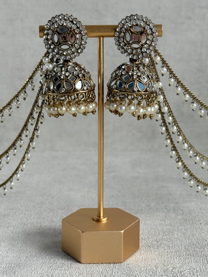 Ayura Designs Aaina Jhumkis – Antique Gold Mirror & Crystal Earrings with Detachable Triple-Layer Pearl Sahare