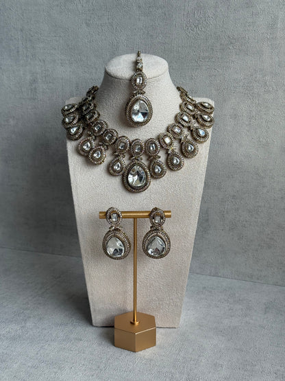 Ayura Designs Aurora Set with Earrings & Tikka – Silver Mirror-Cut Stones & Antique Gold Finish