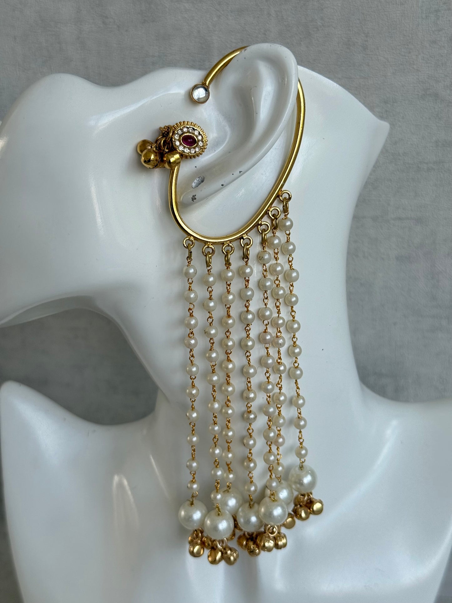 Ayura Designs Nargiza Ear Cuffs – Pearl Tassel Ear Cuffs with Ghungroo Detailing & Ruby Stone Accents