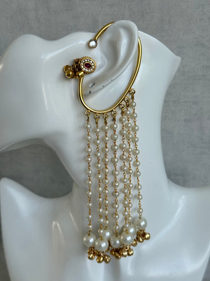Ayura Designs Nargiza Ear Cuffs – Pearl Tassel Ear Cuffs with Ghungroo Detailing & Ruby Stone Accents