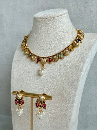 Ayura Designs Mayura Necklace Set with Earrings – Antique Gold Meenakari Motifs with Pearl Drop & Multicolour Stones