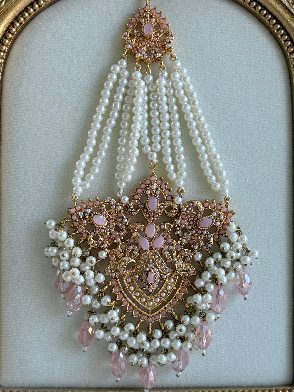 Ayura Designs Zahara Jhoomar Passa – Blush Pink Stones, Ivory Pearls & Gold Finish