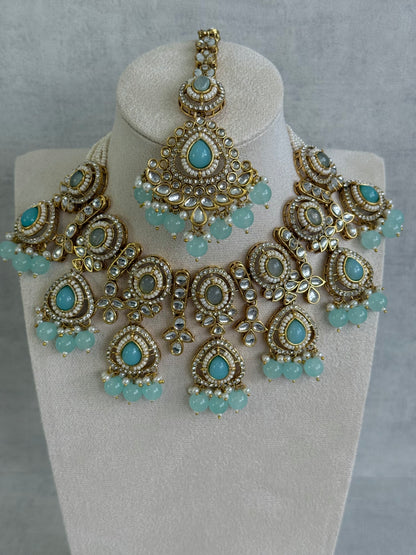 Ayura Designs Janvi Set with Necklace, Earrings & Tikka – Kundan Detailing, Aqua Blue Beads & Ivory Pearl Drops
