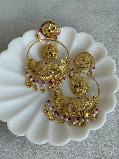 Ayura Designs Puran Earrings – Gold Peacock Pipal Patti Chandbalis with Pink & Ivory Detailing