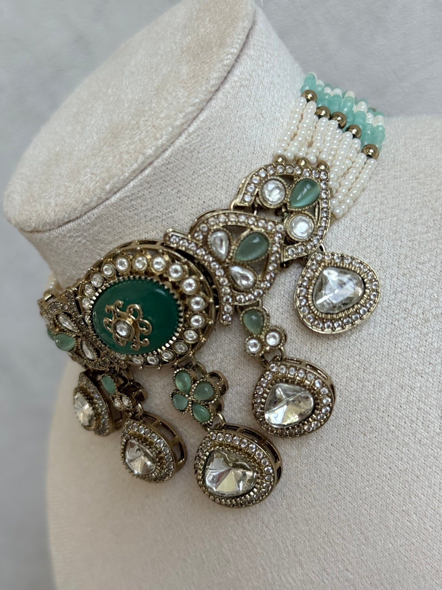 Ayura Designs Myra Choker Set with Jhumkis & Tikka – Mint Green Kundan & Pearl Detailing