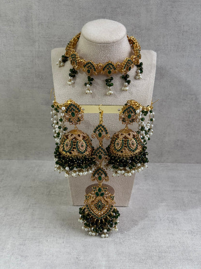 Ayura Designs Noor Set – Choker, Jhumkis with Sahare & Tikka in Emerald Green with Pearl Detailing