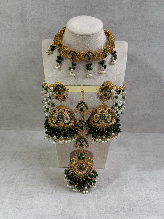 Ayura Designs Noor Set – Choker, Jhumkis with Sahare & Tikka in Emerald Green with Pearl Detailing