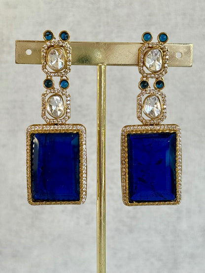Ayura Designs Clara Set with Earrings & Tikka  – Royal Blue Stones with Moissanite and Antique Gold Finish