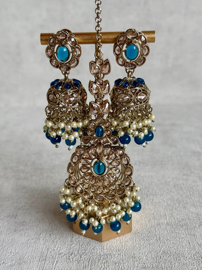 Ayura Designs Zubi Set with Jhumkis & Tikka – Deep Blue Stones, Pearl Detailing & Antique Gold Finish