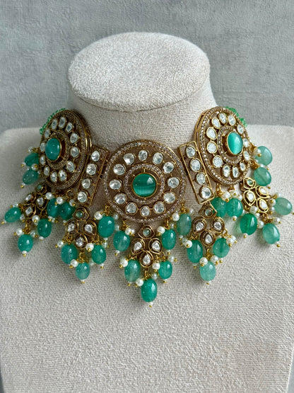 Ayura Designs Harper Set – Antique Gold Choker & Earrings with Mint Green Beads, Kundan Stones & Pearl Detailing