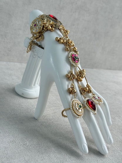 Ayura Designs Ekavira Haathphool Set of 2 – Kundan Style Hand Harness with Ruby Red, Rani Pink & Green Stones, Ghungroo Detailing & Pearls