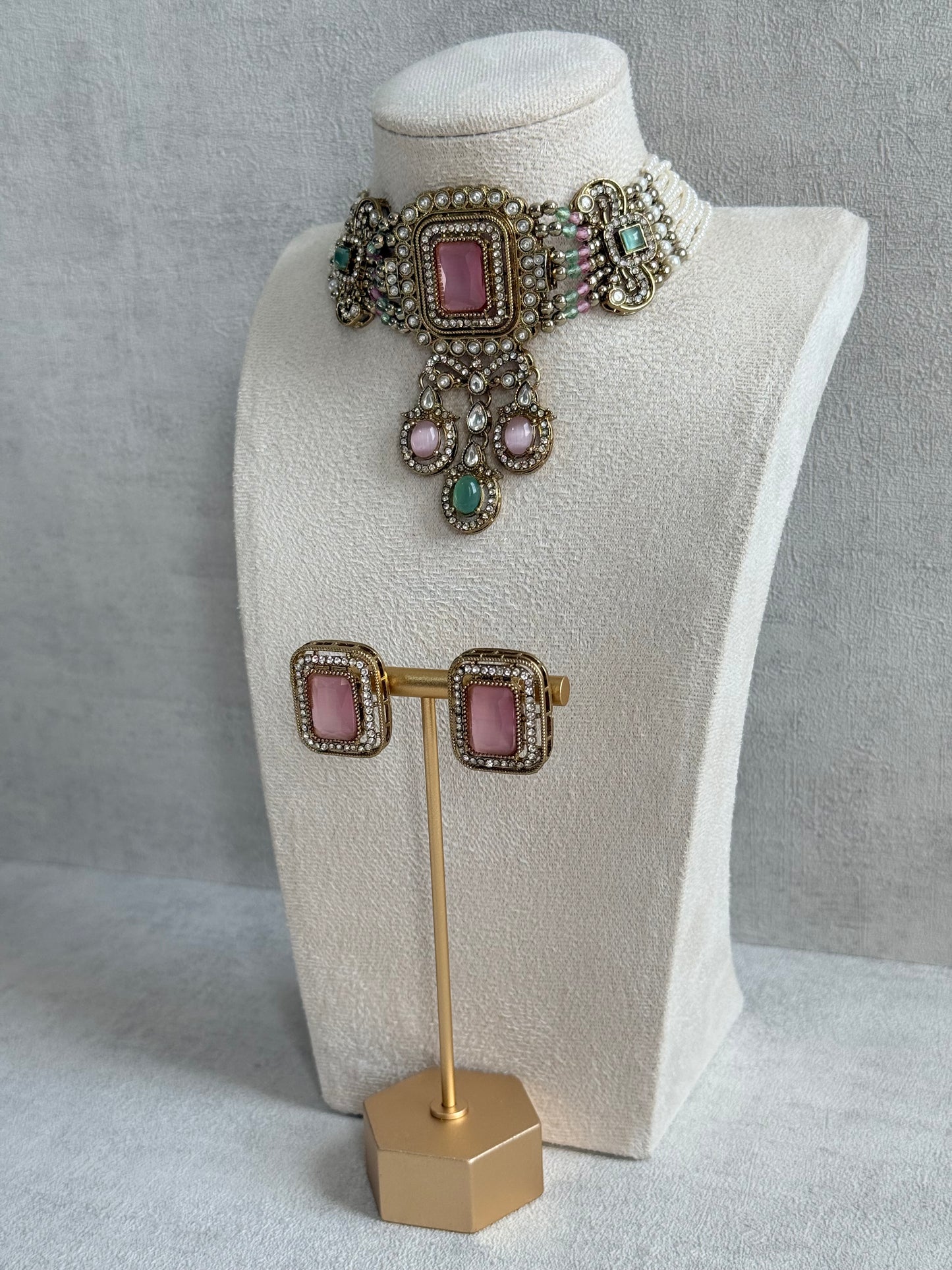 Ayura Designs Nabiha Choker Set with Studs – Blush Pink & Mint Green, Crystal Detailing & Gold Finish
