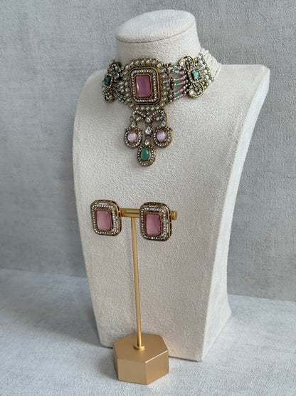 Ayura Designs Nabiha Choker Set with Studs – Blush Pink & Mint Green, Crystal Detailing & Gold Finish