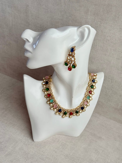 Ayura Designs Sylvie Necklace Set with Earrings – Gold Finish with Moissanite Crystals & Multicolour Stones