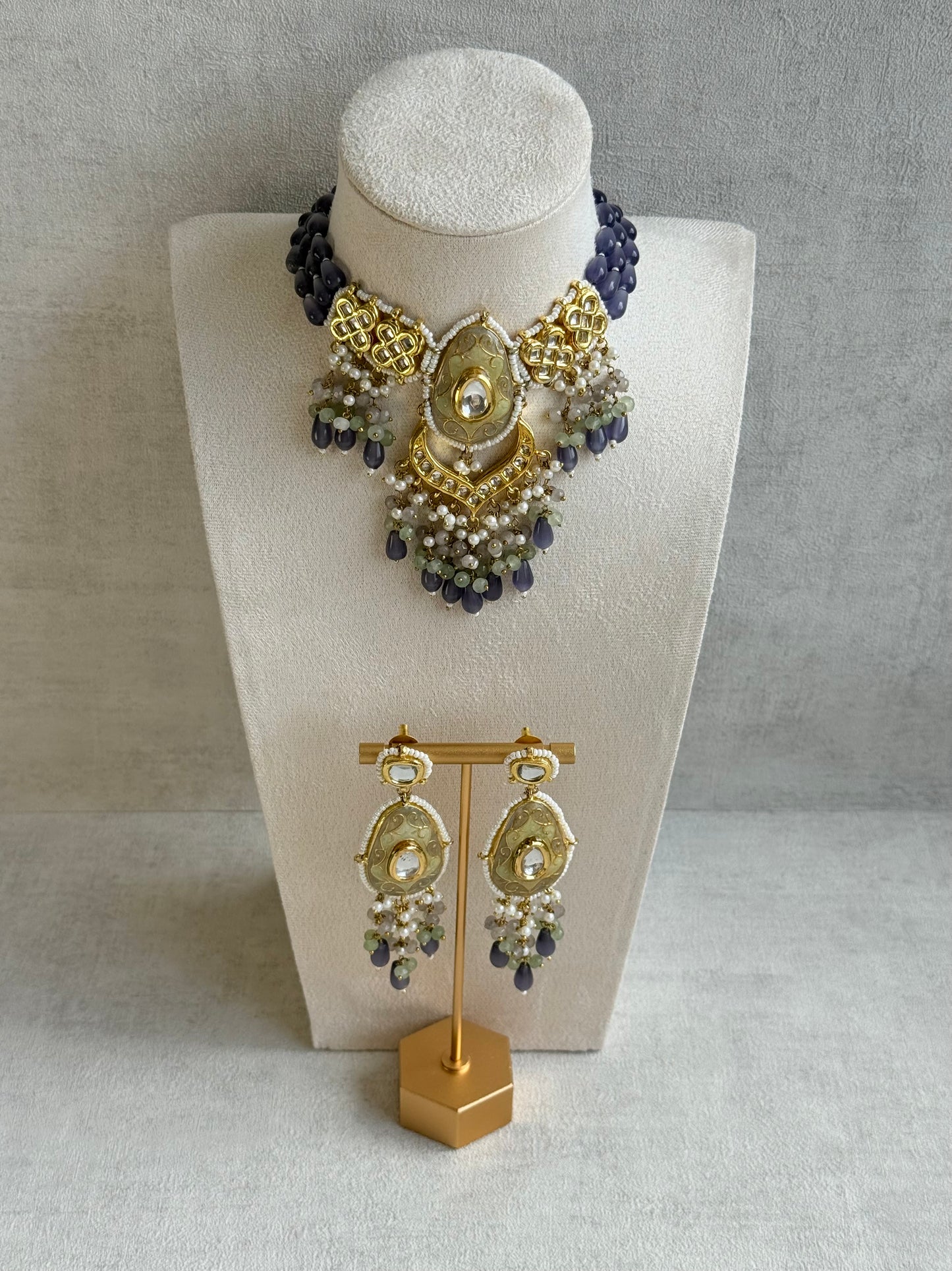 Ayura Designs Zarwali Meenakari Kundan Choker Set with Earrings – Dusty Lavender & Pearl Bead Detailing