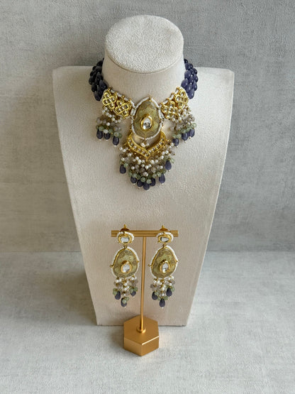 Ayura Designs Zarwali Meenakari Kundan Choker Set with Earrings – Dusty Lavender & Pearl Bead Detailing