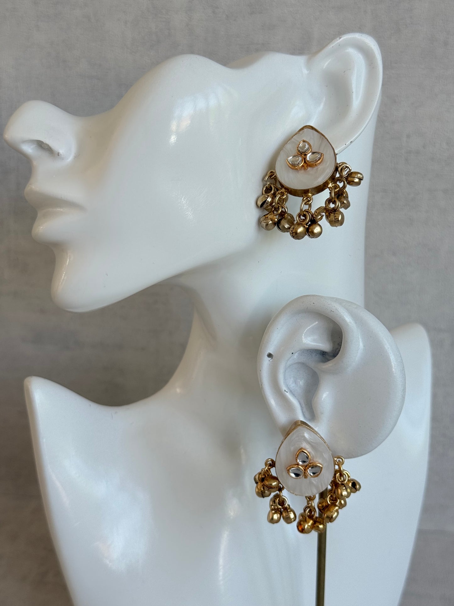 Ayura Designs Aykai Earrings – White Carved Teardrop Stud Earrings with Clear Kundan Stones and Gold Ghungroo Drops