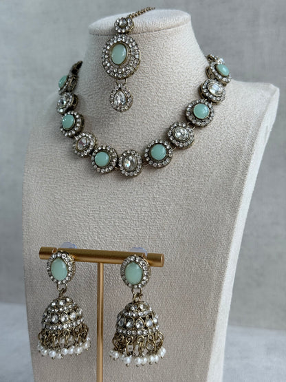 Ayura Designs Eira Necklace Set with Earrings & Tikka – Mint Green & Crystal Stones with Antique Gold Finish