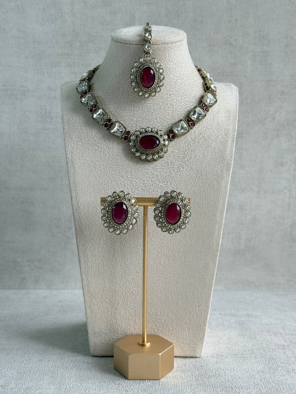 Ayura Designs Inza Necklace Set – Rani Pink Stones, Kundan & Crystals with Antique Gold Finish