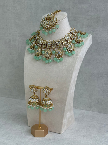 Ayura Designs Iyla Set with Necklace, Earrings & Tikka – Kundan Detailing, Ivory Pearl Drops & Mint Beads