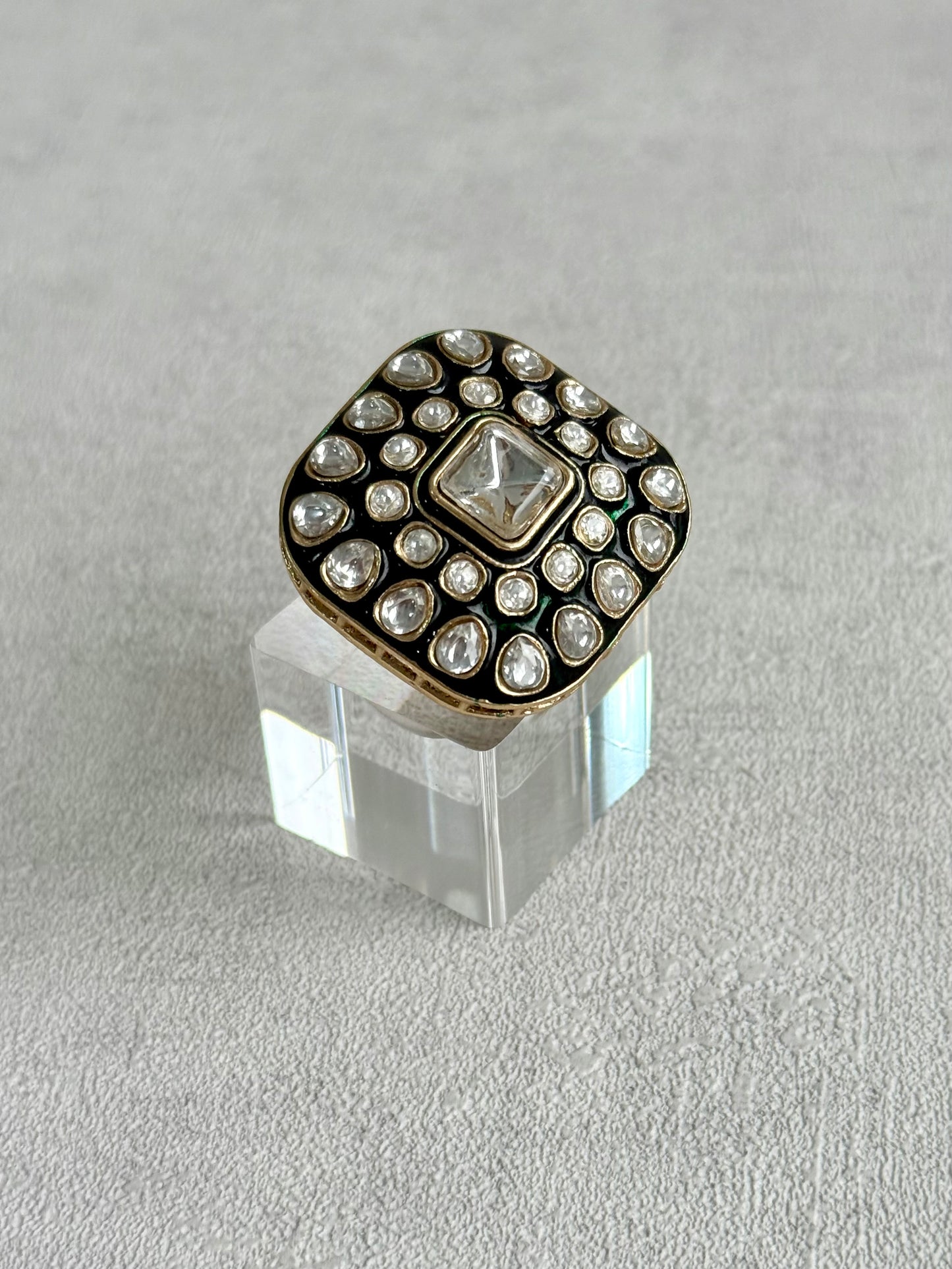 Ayura Designs Arzoo Adjustable Ring – Mirror-Cut Stone Centre with Green Enamel & Crystal Detailing