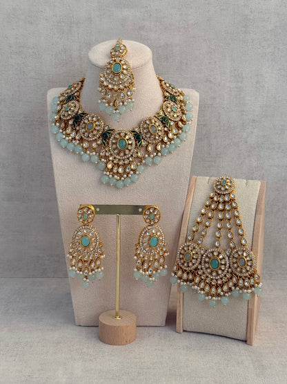 Ayura Designs Zara Set with Necklace, Earrings, Tikka & Passa – Antique Gold with Kundan Detailing & Aqua Blue Beads