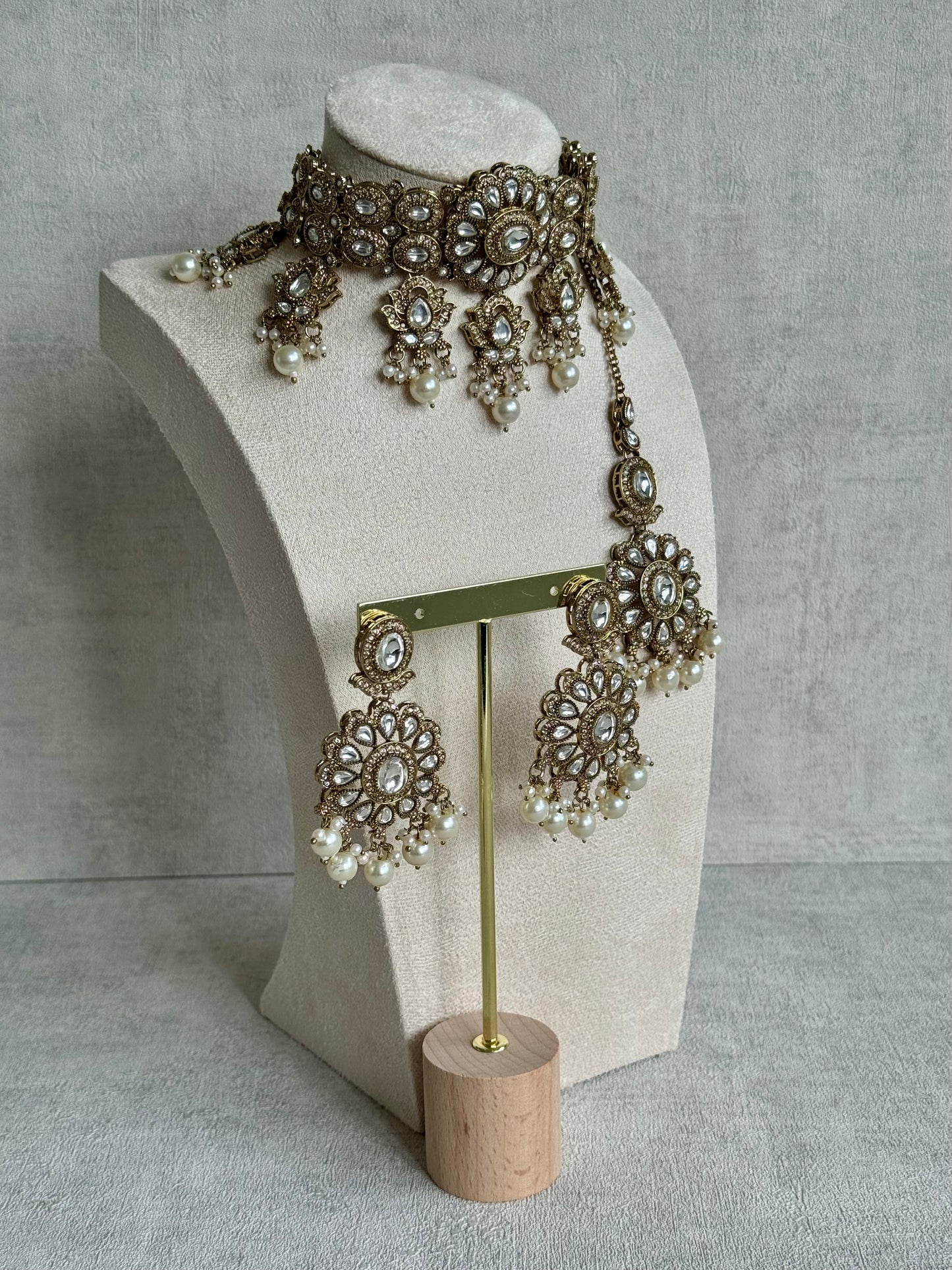 Ayura Designs Nevaya Set with Choker, Earrings & Tikka – Antique Gold with Mirror-Cut Stones & Pearl Drops