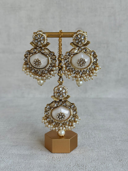 Ayura Designs Asra Tikka Set with Earrings – Ivory Stone, Kundan & Pearl Detailing