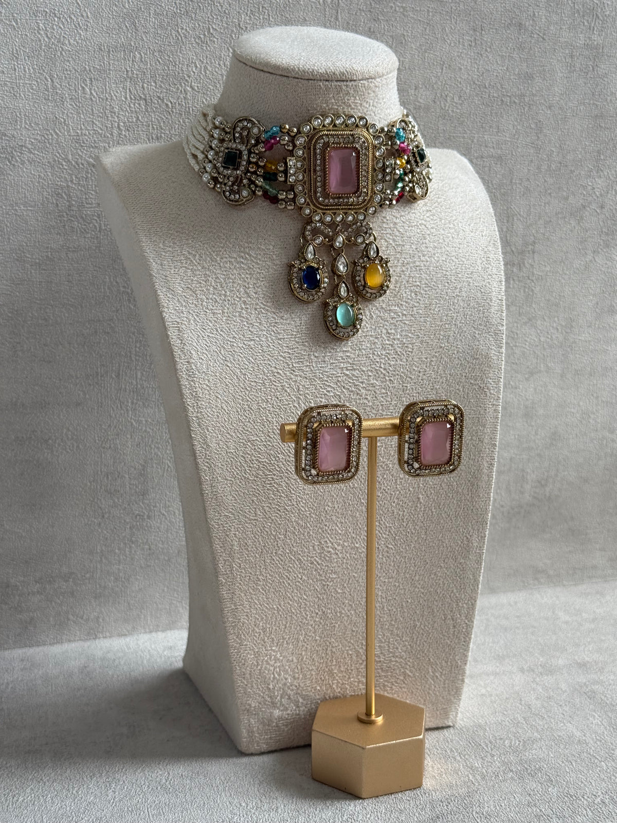 Ayura Designs Nabiha Choker Set with Studs – Blush Pink & Multicolour Stones, Pearl Detailing & Antique Gold Finish