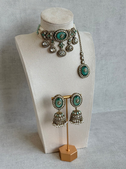 Ayura Designs Myra Choker Set with Jhumkis & Tikka – Mint Green Kundan & Pearl Detailing